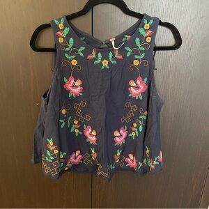 Free People Navy Floral Embroidered Tank Top